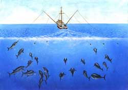 diagram of boat trolling many lines