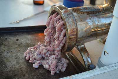 Closeup of chum coming from grinder. Looks like meat